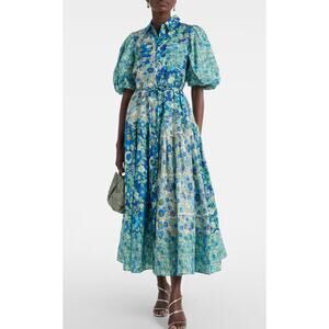ALEMAIS Sacha Shirt Dress Midi Floral Blue Cotton Resort Button Front 12